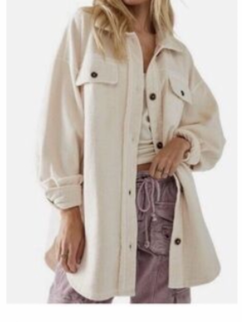 Free People Cream Button-Front Utility Shirt Jacket Size Medium/Small